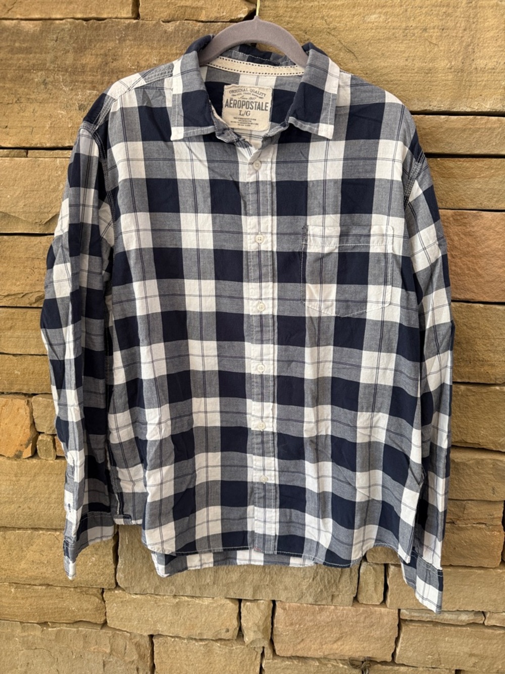 Aeropostale Men's Navy and White Plaid Button-Down Shirt, Soft 100% Cotton